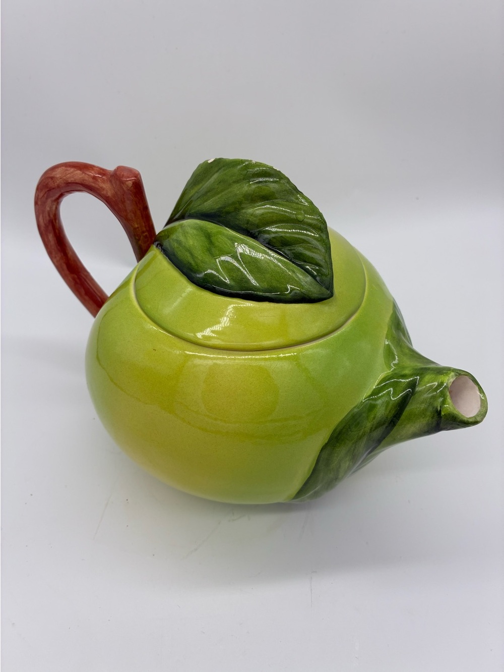 Green Leaf Ceramic Teapot with Brown Handle - Home Art